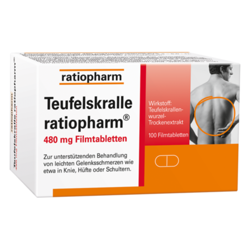 Verpackung von Teufelskralle ratiopharm 480 mg Filmtabletten mit Beschreibung zur Anwendung bei Gelenkschmerzen.
