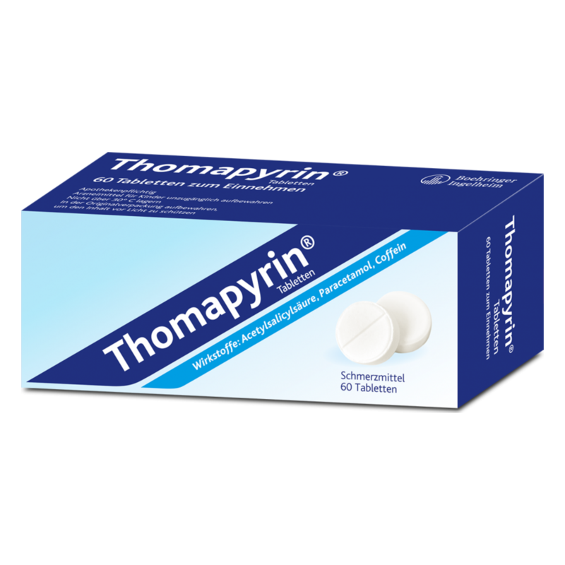 Packung Thomapyrin mit 60 weißen Tabletten, Wirkstoffe sind Acetylsalicylsäure, Paracetamol und Coffein.