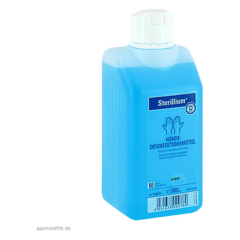 Blauer Spender für Händedesinfektionsmittel mit weißem Schraubverschluss und inhaltlicher Kennzeichnung.