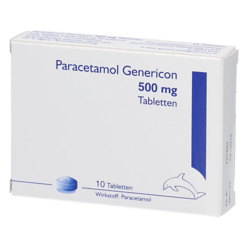 Packung mit Paracetamol-Genericon, enthält 500 mg Tabletten, blau-weiße Farbe, Abbildung eines Delfins.