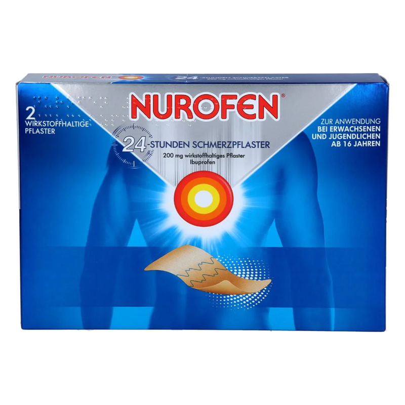 Verpackung eines Schmerzpflasters von Nurofen, mit Angaben zur Anwendung und Wirkstoffen.
