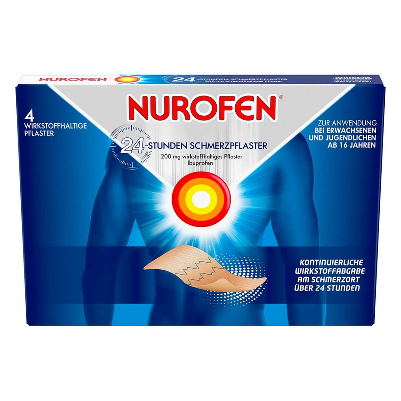 Packung mit Nurofen 24-Stunden Schmerzpflaster zur Linderung von Schmerzen bei Erwachsenen und Jugendlichen ab 16 Jahren.