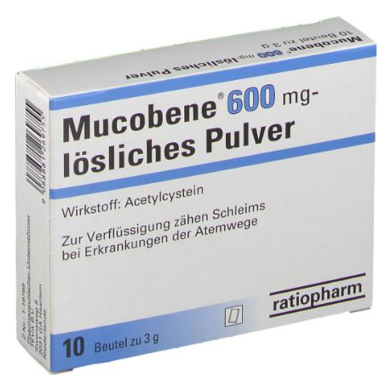 Packung Mucobene 600 mg lösliches Pulver, Wirkung: Acetylcystein, zur Schleimverflüssigung bei Atemwegserkrankungen.