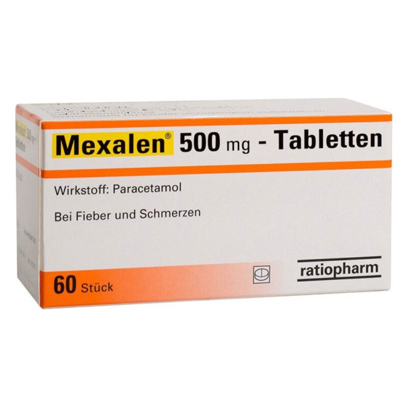 Packung Mexalen 500 mg Tabletten, Wirkstoff Paracetamol, zur Anwendung bei Fieber und Schmerzen.