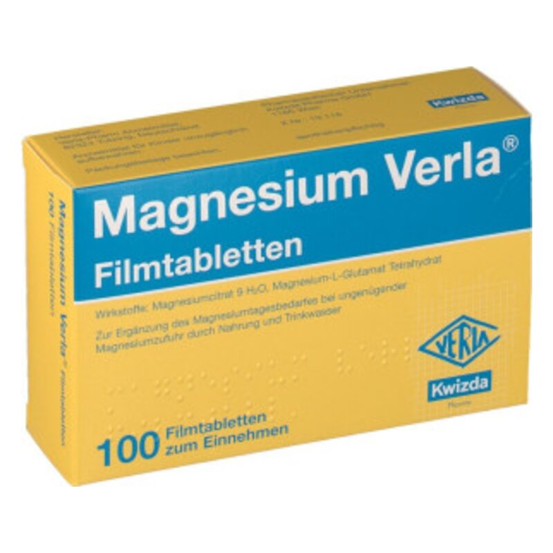 Packung mit Magnesium Verla Filmtabletten, gelb mit blauer Schrift, enthält 100 Tabletten zum Einnehmen.