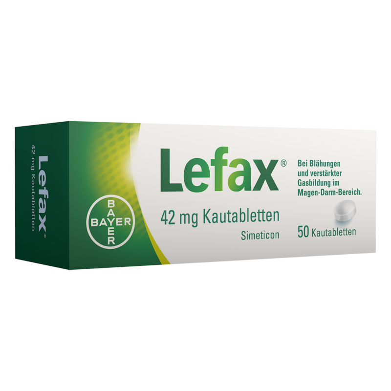 Verpackung von Lefax 42 mg Kautabletten zur Behandlung von Blähungen und Gasbildung, detaillierte Hinweise auf der Box