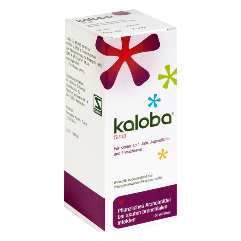 Kaloba Sirup in einer bunten Verpackung, empfohlen für Kinder ab 1 Jahr, mit pflanzlichen Inhaltsstoffen für Atemwegserkrankungen.