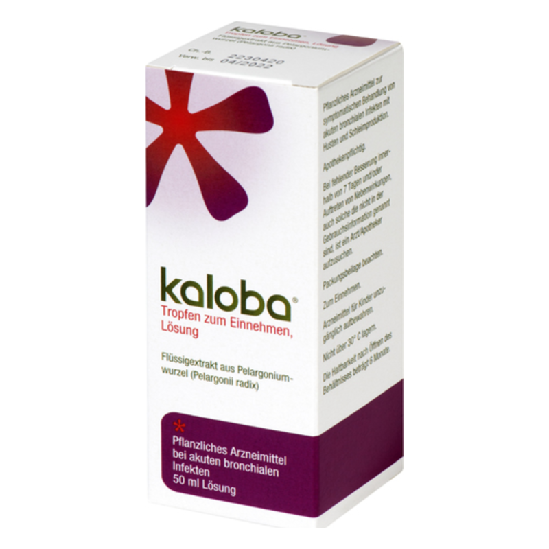 Verpackung von kaloba Tropfen, pflanzliches Arzneimittel in einer weißen Box mit rotem Logo und Informationen zur Anwendung.