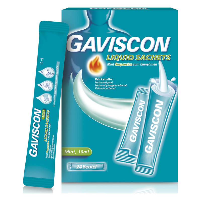 Gaviscon Liquid Sachets in Mintgeschmack, Packung mit 24 Beuteln und Hinweisen zu den Inhaltsstoffen.