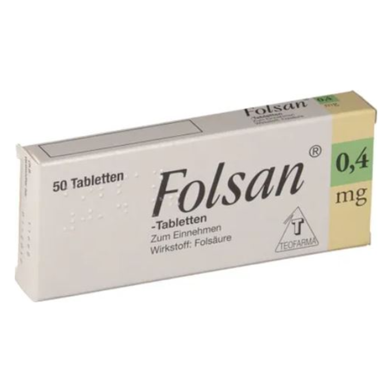 Packung Folsan-Tabletten mit 50 Stück, enthält 0,4 mg Folsäure, für den Einnahmegebrauch.