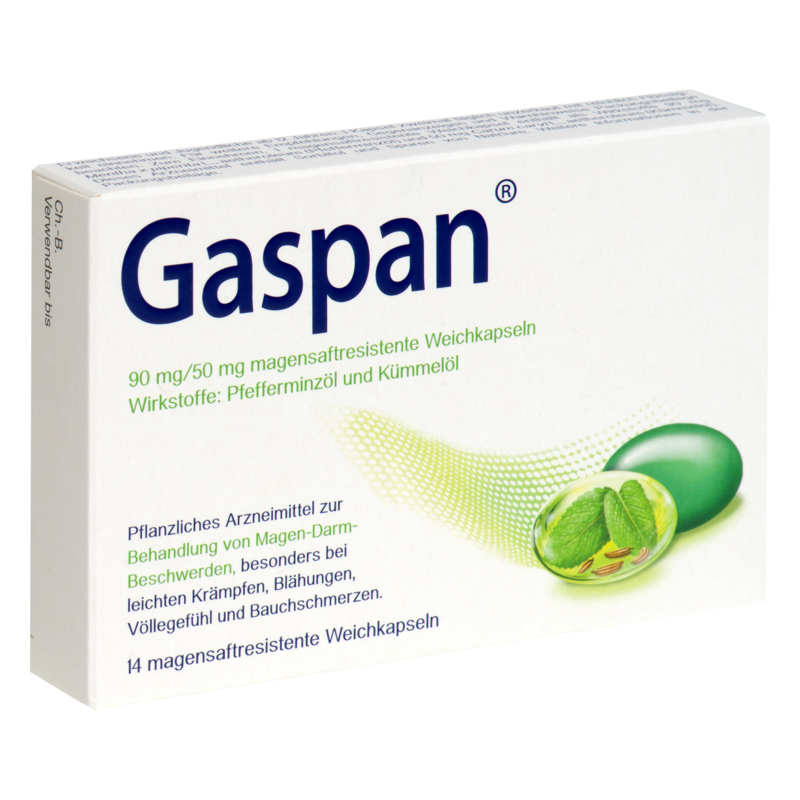 Packung mit 14 magensaftrésistenten Weichkapseln von Gaspan, enthält Pfefferminz- und Kümmelöl zur Magen-Darm-Beschwerden.