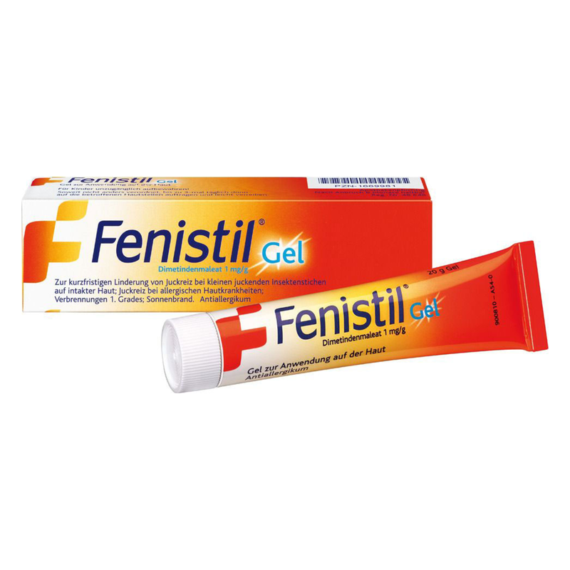 Fenistil Gel-Tube mit einer Verpackung, beschriftet zur Linderung von Juckreiz und Hautirritationen.