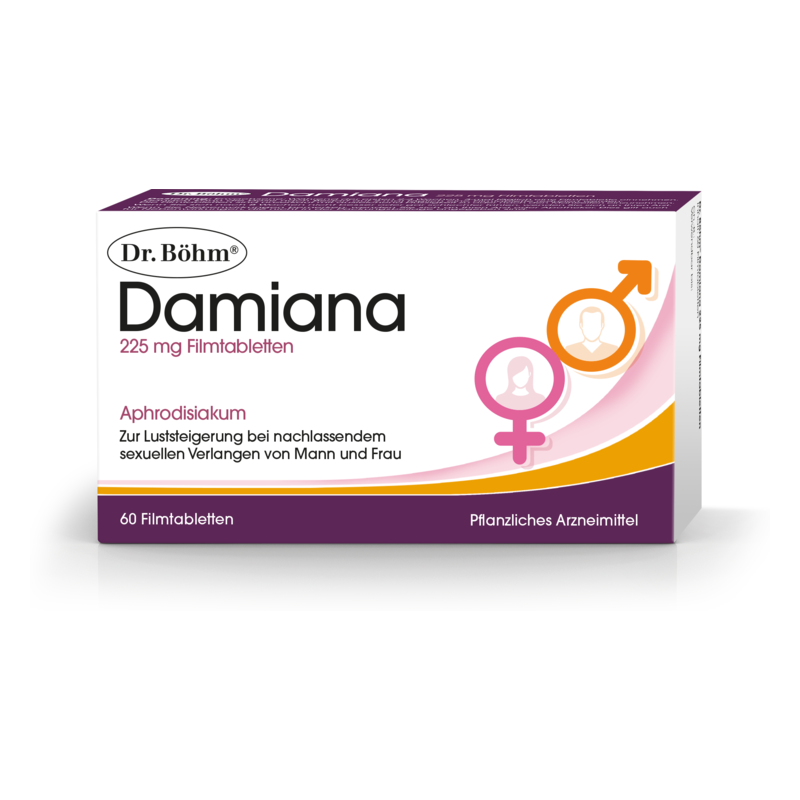 Packung mit Damiana-Filmtabletten, 225 mg, auf der Angaben zur Anwendung und Wirkung zu sehen sind.