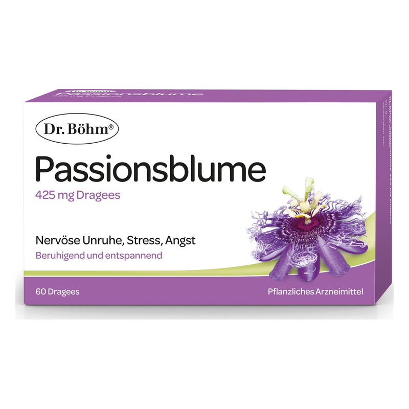 Packung mit Dr. Böhm Passionsblume Dragées für Beruhigung bei nervöser Unruhe, Stress und Angst, lila Design.