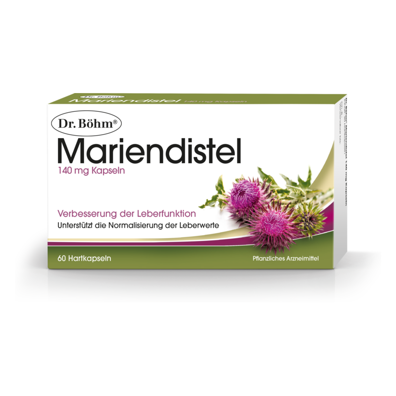 Packung mit 60 Hartkapseln von Dr. Böhm Mariendistel zur Verbesserung der Leberfunktion und Normalisierung der Leberwerte.