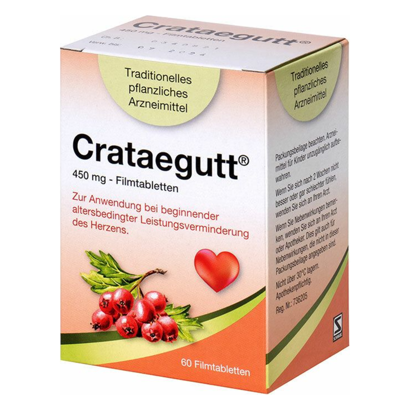 Verpackung von Crataegutt, einem pflanzlichen Arzneimittel, zur Unterstützung bei altersbedingten Herzleistungsminderungen.