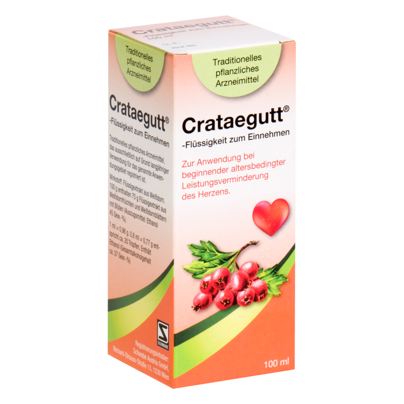 Verpackung von Crataegutt, einer flüssigen Arznei zur Unterstützung der Herzleistung, abgebildet auf einer steilen Ansicht.
