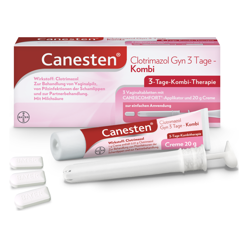 Canesten Kombi-Packung mit 3 Vaginaltabletten, Tube Creme und Applikator zur Behandlung von Vaginalpilz.
