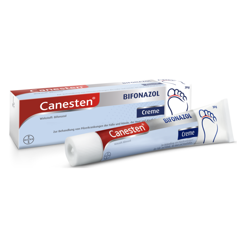 Tube mit Canesten Bifonazol Creme zur Behandlung von Pilzerkrankungen, verpackt in einer Farbbox.