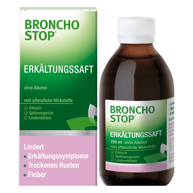 Broncho Stop Erkältungssaft in einer braunen Flasche und grüner Verpackung, betont pflanzliche Wirkstoffe und Alkoholfreiheit.