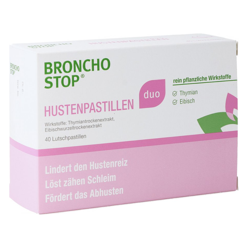 Verpackung der Broncho Stop Hustenpastillen, mit Hinweis auf Inhaltstoffe wie Thymian und Eibisch, in pink und weiß.