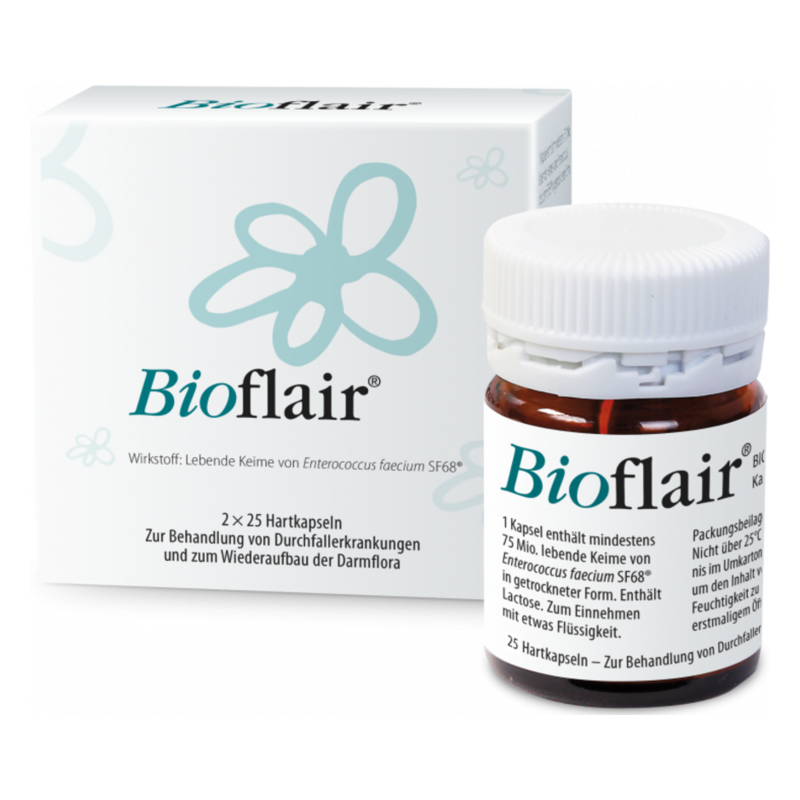 Bioflair-Packung mit Hartkapseln zur Behandlung von Durchfallerkrankungen und für den Darmaufbau.