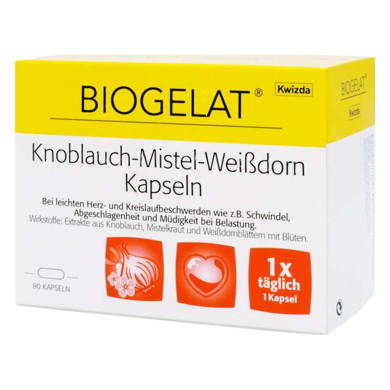 Packung mit Knoblauch-Mistel-Weißdorn-Kapseln zur Unterstützung bei Herz- und Kreislaufbeschwerden, 90 Kapseln im Inneren.