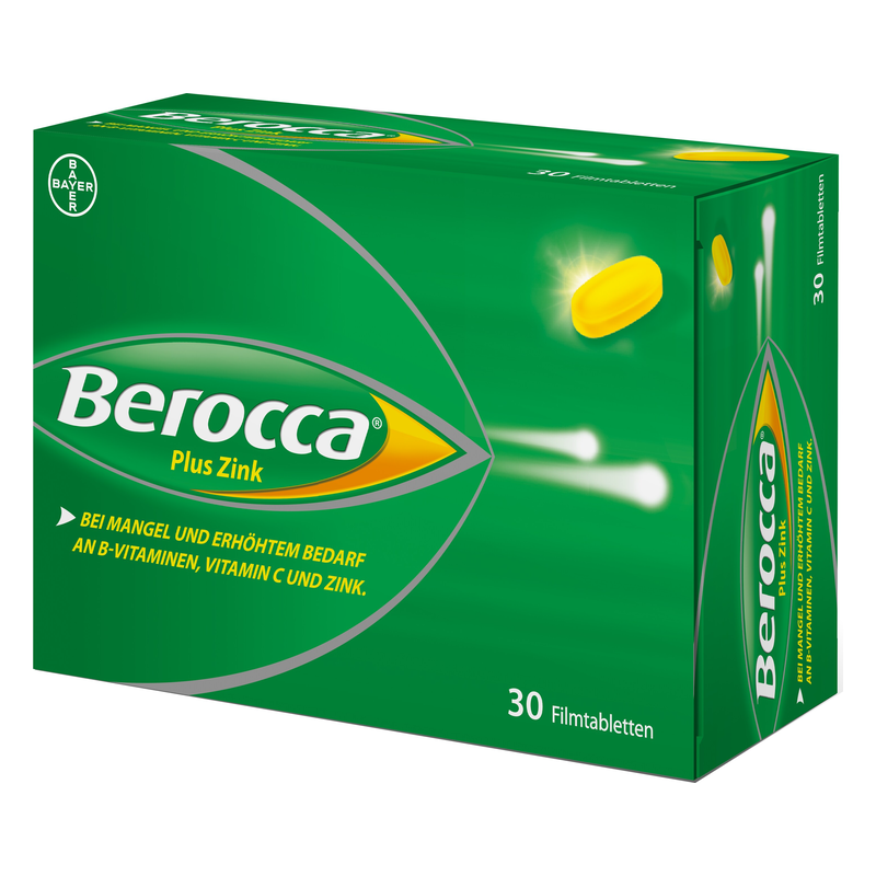 Verpackung von Berocca Plus Zink mit 30 Filmtabletten in grüner Schachtel, betont Vitamin B, C und Zink.
