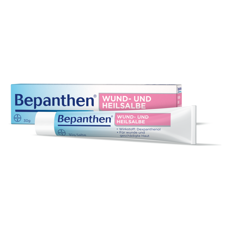Bepanthen Wund- und Heilsalbe in einer 30g Tube mit blauer Verpackung und pinken Details.