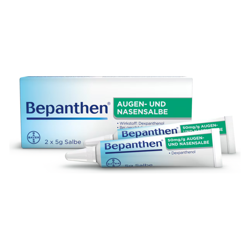 Verpackung mit zwei Tuben Bepanthen Augen- und Nasensalbe, jeweils 5g, mit grünem und blauem Etikett.