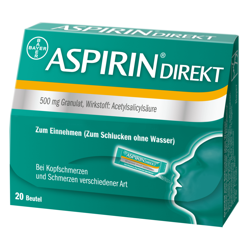 Packung mit ASPIRIN direkt Granulat, 500 mg, für die Einnahme ohne Wasser, gegen Kopfschmerzen und Schmerzen.