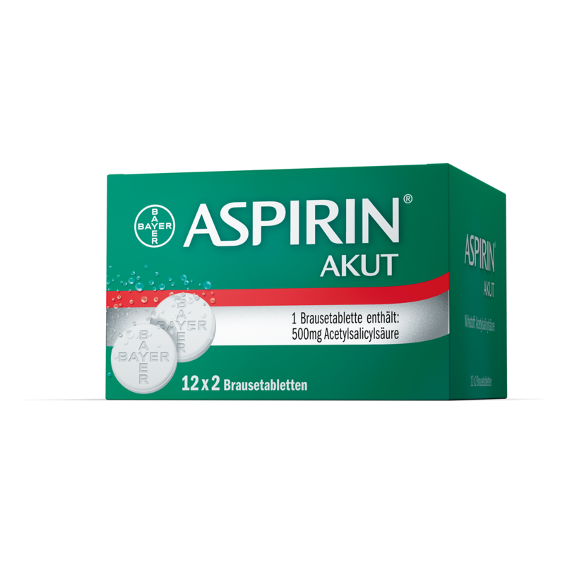 Paket mit 12 Brausetabletten ASPIRIN AKUT in grün-blauer Verpackung von Bayer, roter Linie und Blasen-Dekor.
