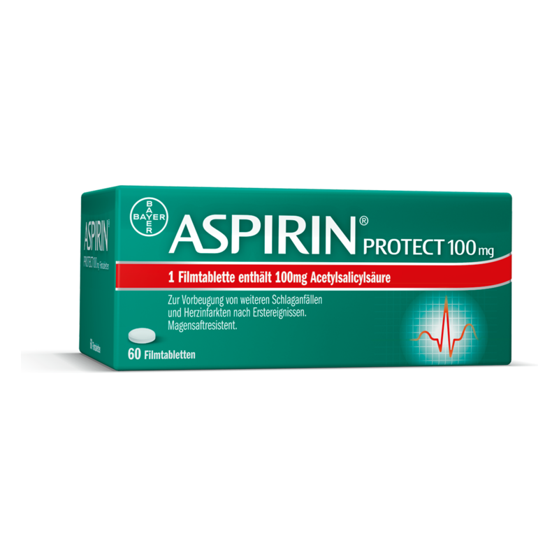 Packung von ASPIRIN Protect 100 mg mit 60 Filmtabletten zur Herzvorsorge, farbige Gestaltung mit einem Herzsymbol.