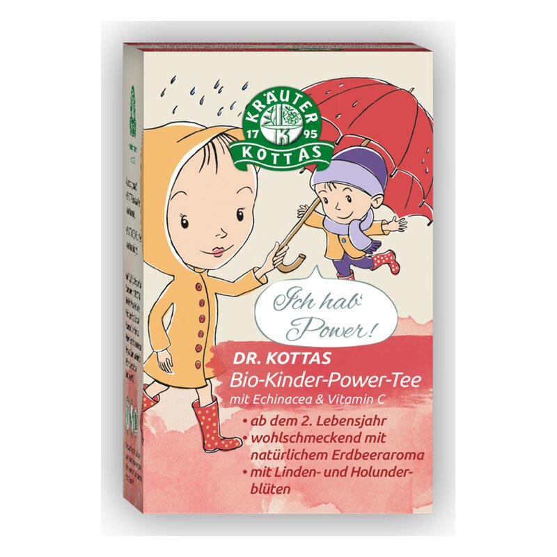 Paket des Bio-Kinder-Power-Tees mit fröhlichen Farbillustrationen von Kindern im Regen.