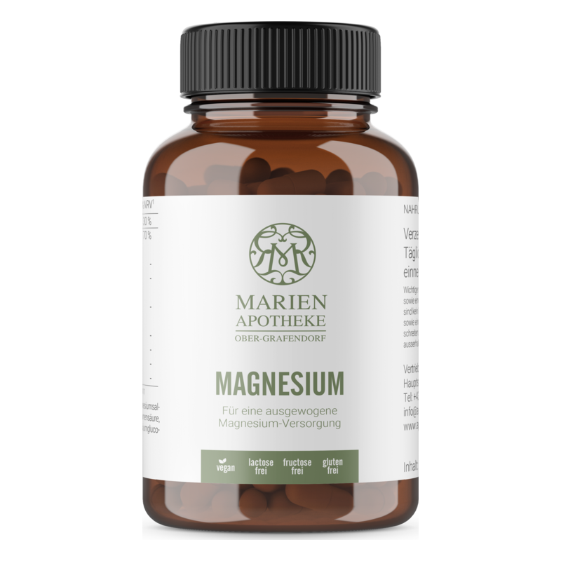 Braune Glasflasche mit Magnesiumkapseln, Beschriftung zeigt vegane und allergenfreie Eigenschaften an.