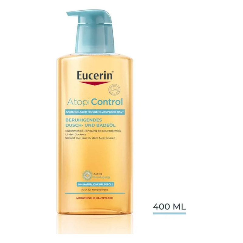 Flasche mit Eucerin AtopiControl, beruhigendes Dusch- und Badeöl für trockene Haut, 400 ml, mit blauer Pumpe.