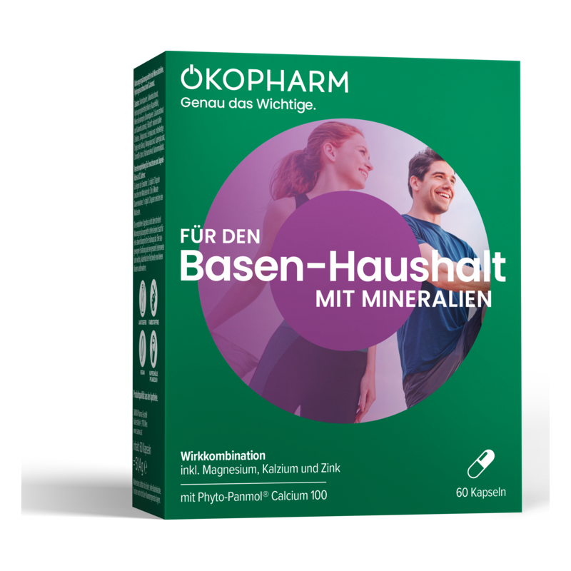 Verpackung von Okopharm Basen-Haushalt mit Mineralien, inklusive Magnesium, Kalzium und Zink, in Kapseln.