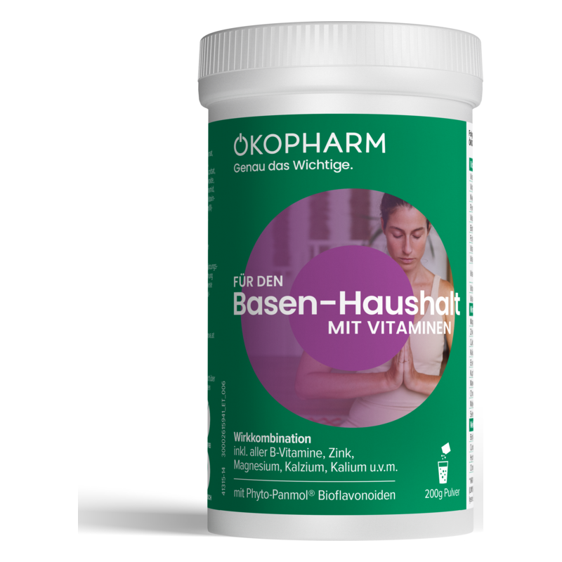 Weißer Behälter mit Schraubverschluss für basenhaltendes Pulver mit Vitaminen und Mineralstoffen,