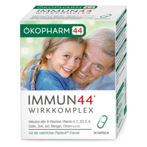 Verpackung des Produkts IMMUN44 Wirkkomplex mit Abbildung eines lächelnden Mädchens und eines älteren Mannes.