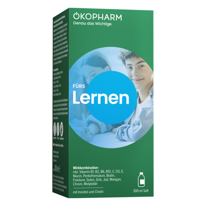 Verpackung von ÖKOPHARM für ein Produkt zur Unterstützung beim Lernen, mit einer grünen Schrift und blauer Schriftart.