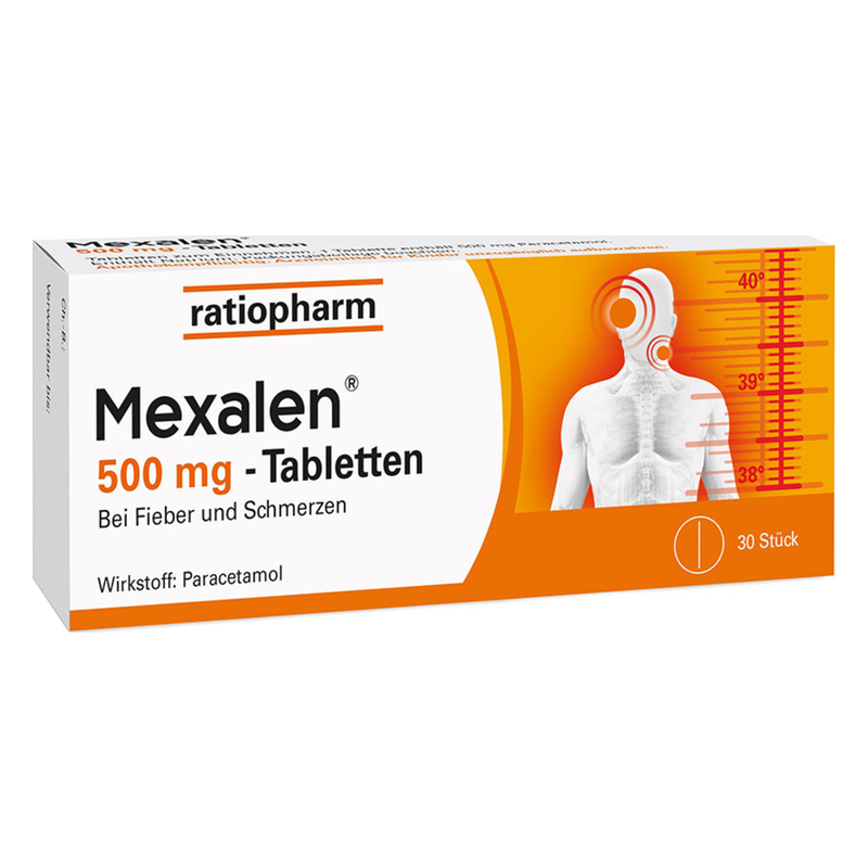 Verpackung von Mexalen 500 mg-Tabletten zur Linderung von Fieber und Schmerzen mit abgebildetem menschlichen Körper und Fieberanzeige.