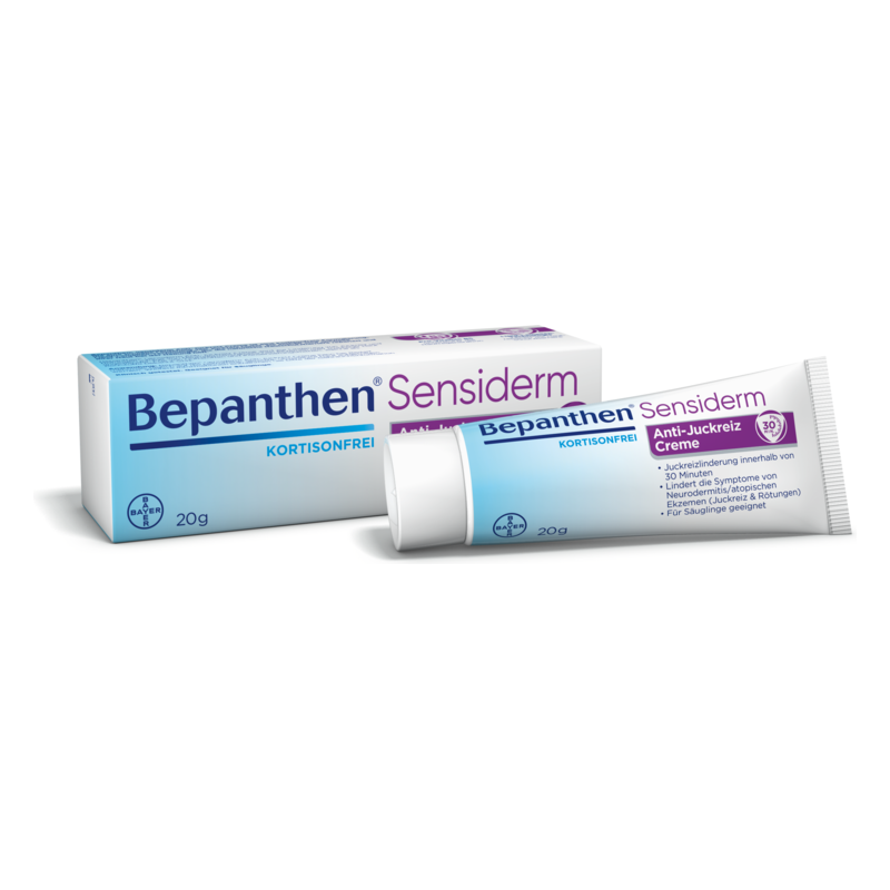 Tube und Verpackung der Bepanthen Sensiderm Anti-Juckreiz Creme, 20g, in blauer und weißer Farbkombination, ohne Kortison.
