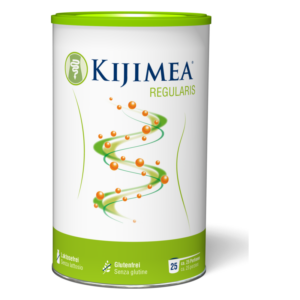 Dose von Kijimea Regularis mit grünem Deckel und grafischen Elementen auf weißem Hintergrund, laktose- und glutenfrei.