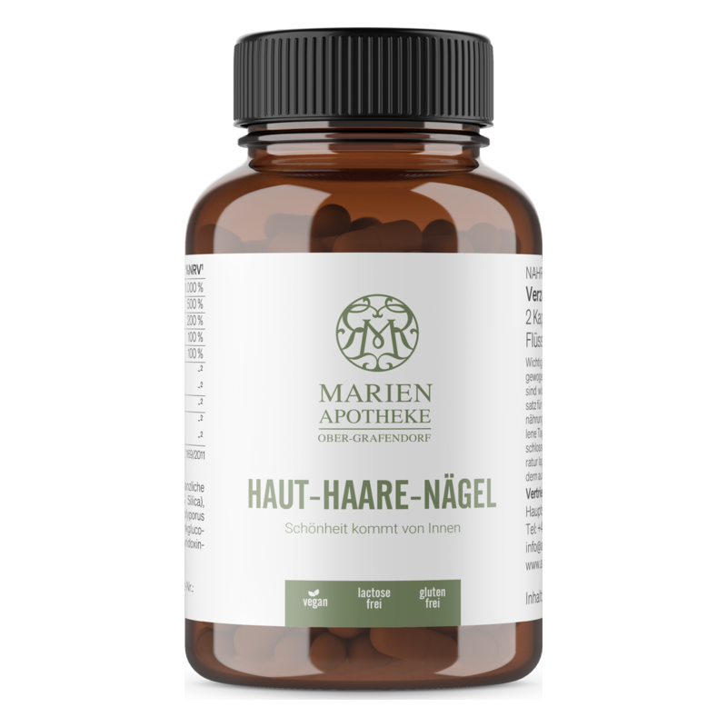 Braune Flasche mit schwarzem Deckel, Etikett von Marien Apotheke, für Haut-Haare-Nägel Ergänzungsmittel, vegan und glutenfrei.