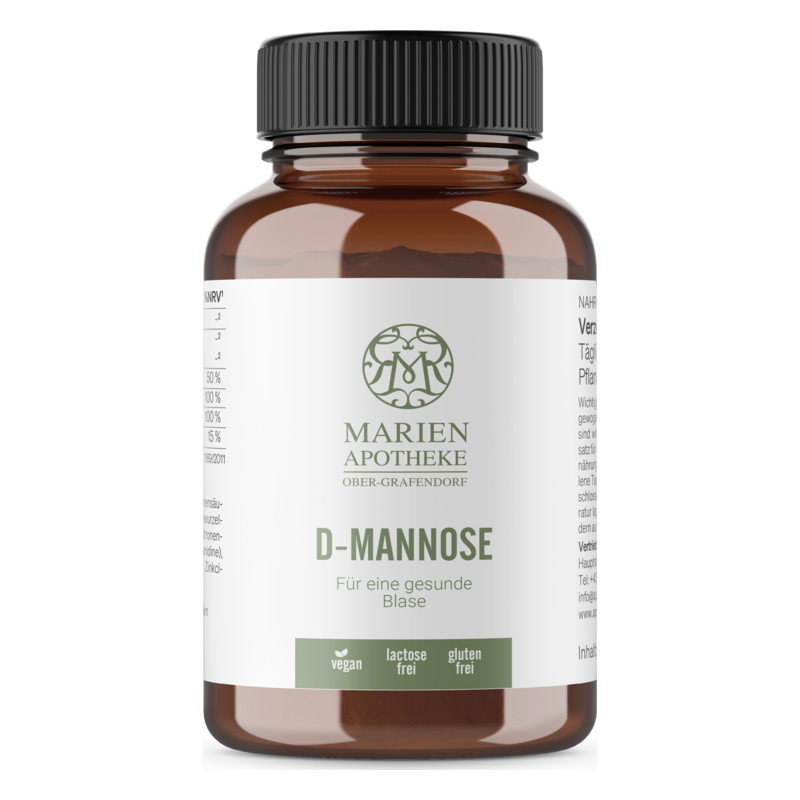 Braune Glasflasche mit schwarzem Schraubverschluss, Etikett für D-Mannose von Marien Apotheke, Hinweise zu Inhaltsstoffen.