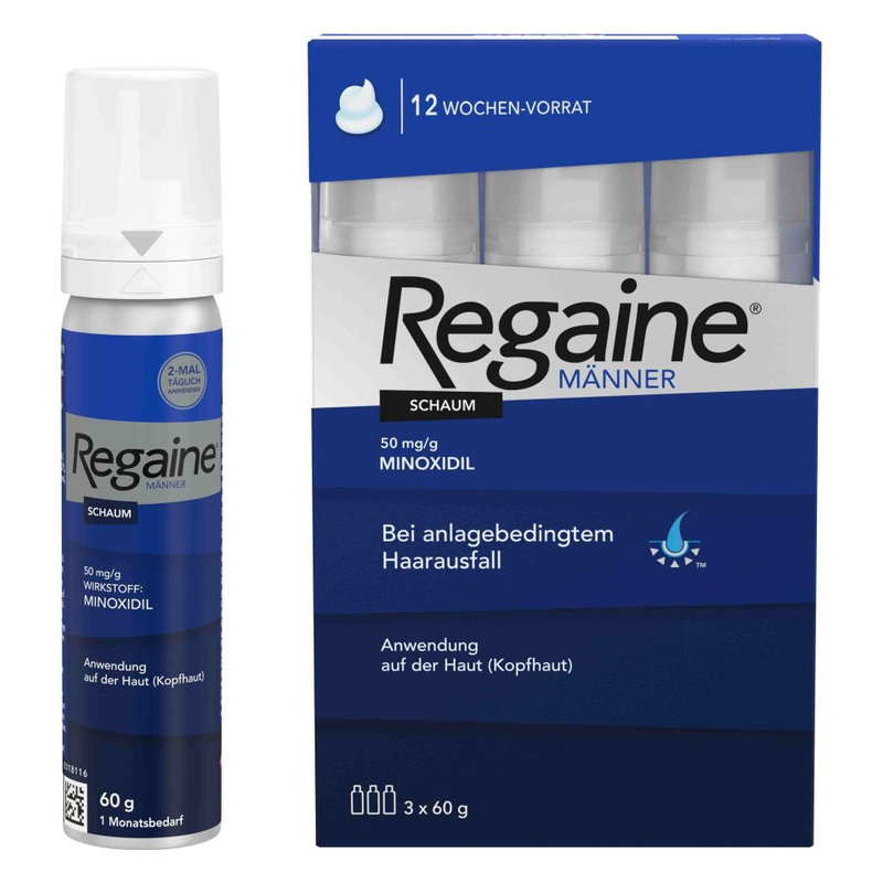 Verpackung von Regaine für Männer, enthält Schaum mit 50 mg/g Minoxidil zur Behandlung von Haarausfall. 12 Wochen Vorrat.