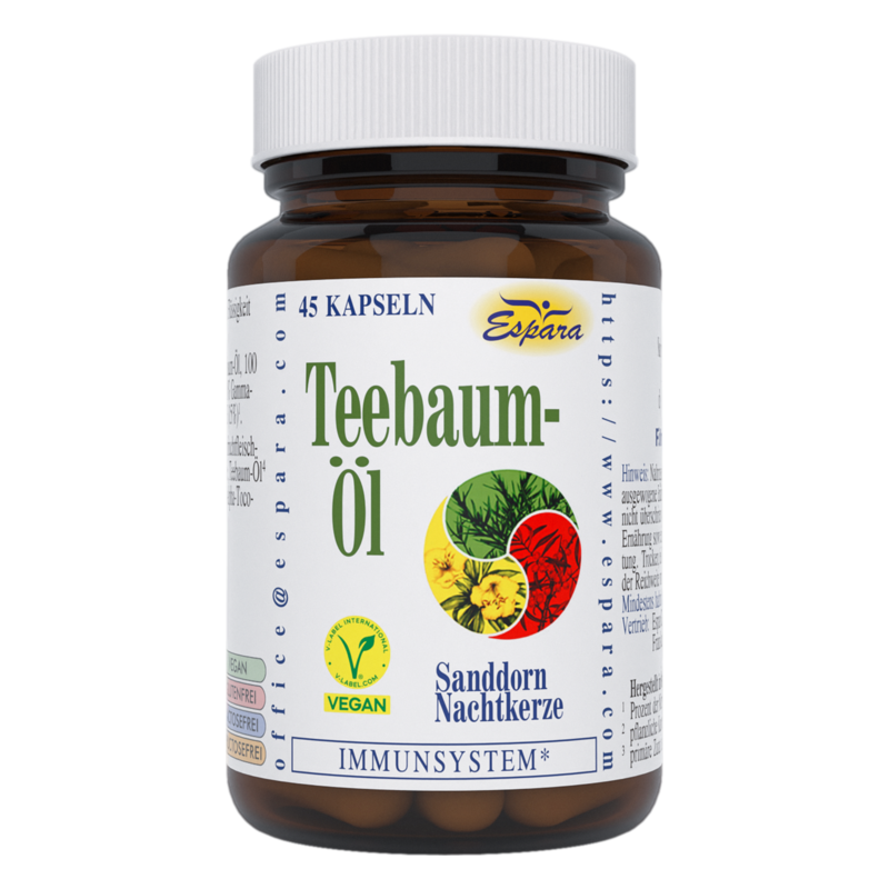 Braune Glasflasche mit 45 Kapseln Teebaum-Öl von Espàra, vegan, zur Unterstützung des Immunsystems.
