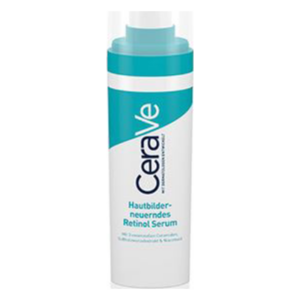 CeraVe Retinol Serum in einer weißen Flasche mit blauem Deckel und Schriftzug, zur Hautbildneuerung.