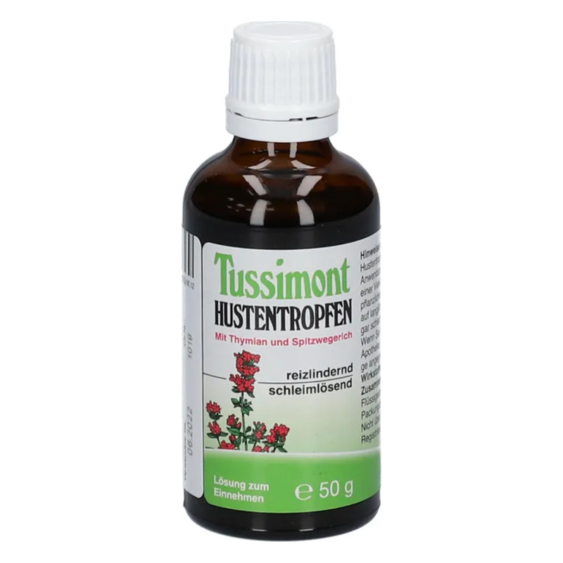 Braune Flasche mit weißem Schraubverschluss und Etikett für Tussimont Hustentropfen mit Thymian und Spitzwegerich.