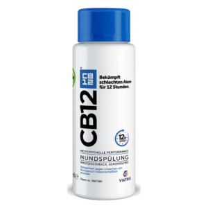 Flasche mit Mundspülung von CB12, alkoholfrei mit Minzgeschmack, für frischen Atem, 12 Stunden Wirkung.